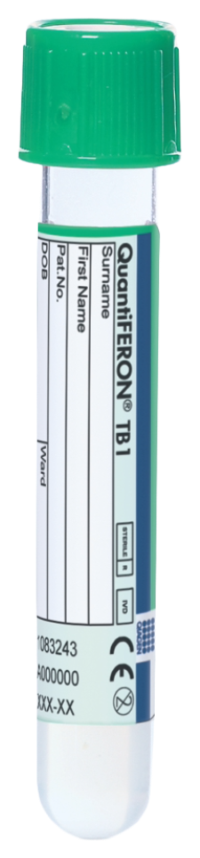 QuantiFERON TB1 collection tube — green cap, ESAT-6 and CFP-10 antigens, CD4+ T-cell stimulation